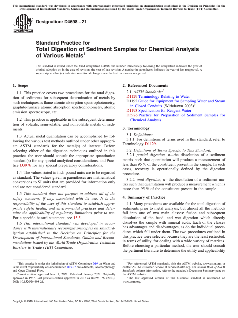 ASTM D4698-21 - Standard Practice for  Total Digestion of Sediment Samples for Chemical Analysis of  Various Metals
