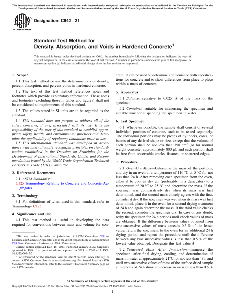 ASTM C642-21 - Standard Test Method for  Density, Absorption, and Voids in Hardened Concrete