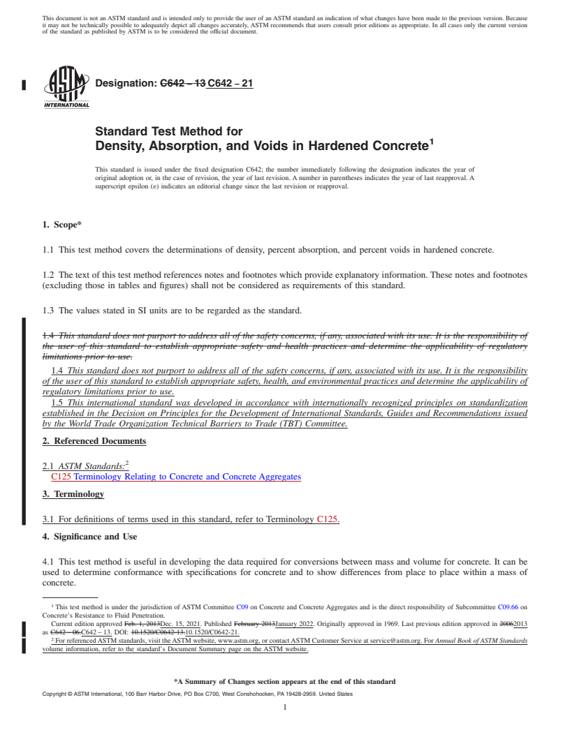 REDLINE ASTM C642-21 - Standard Test Method for  Density, Absorption, and Voids in Hardened Concrete