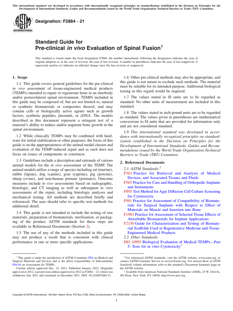 ASTM F2884-21 - Standard Guide for Pre-clinical <emph type="bdit">in vivo</emph> Evaluation of  Spinal Fusion
