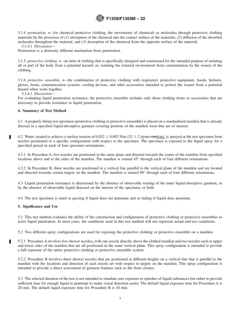 REDLINE ASTM F1359/F1359M-22 - Standard Test Method for  Liquid Penetration Resistance of Protective Clothing or Protective  Ensembles Under a Shower Spray While on a Manikin