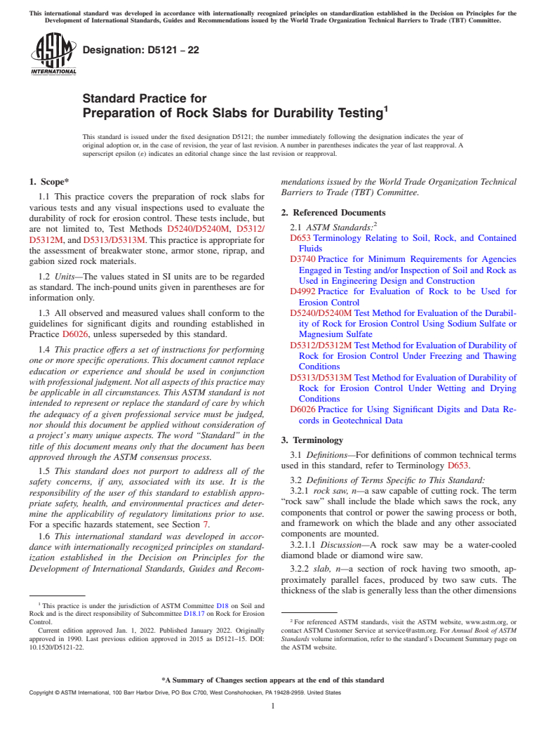 ASTM D5121-22 - Standard Practice for Preparation of Rock Slabs for Durability Testing