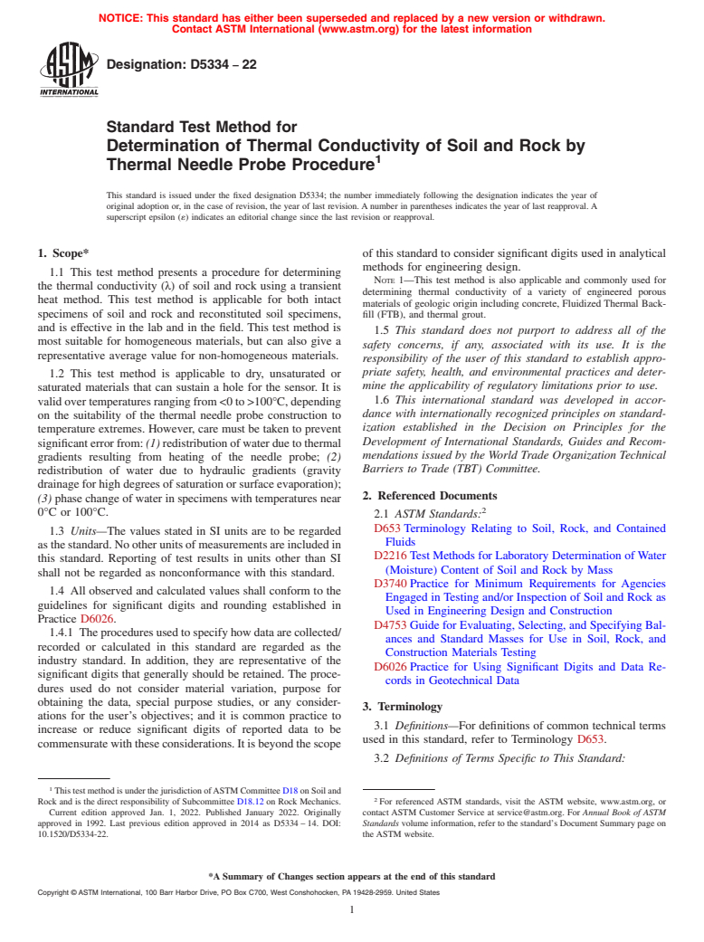 ASTM D5334-22 - Standard Test Method for Determination of Thermal Conductivity of Soil and Rock by Thermal  Needle Probe Procedure