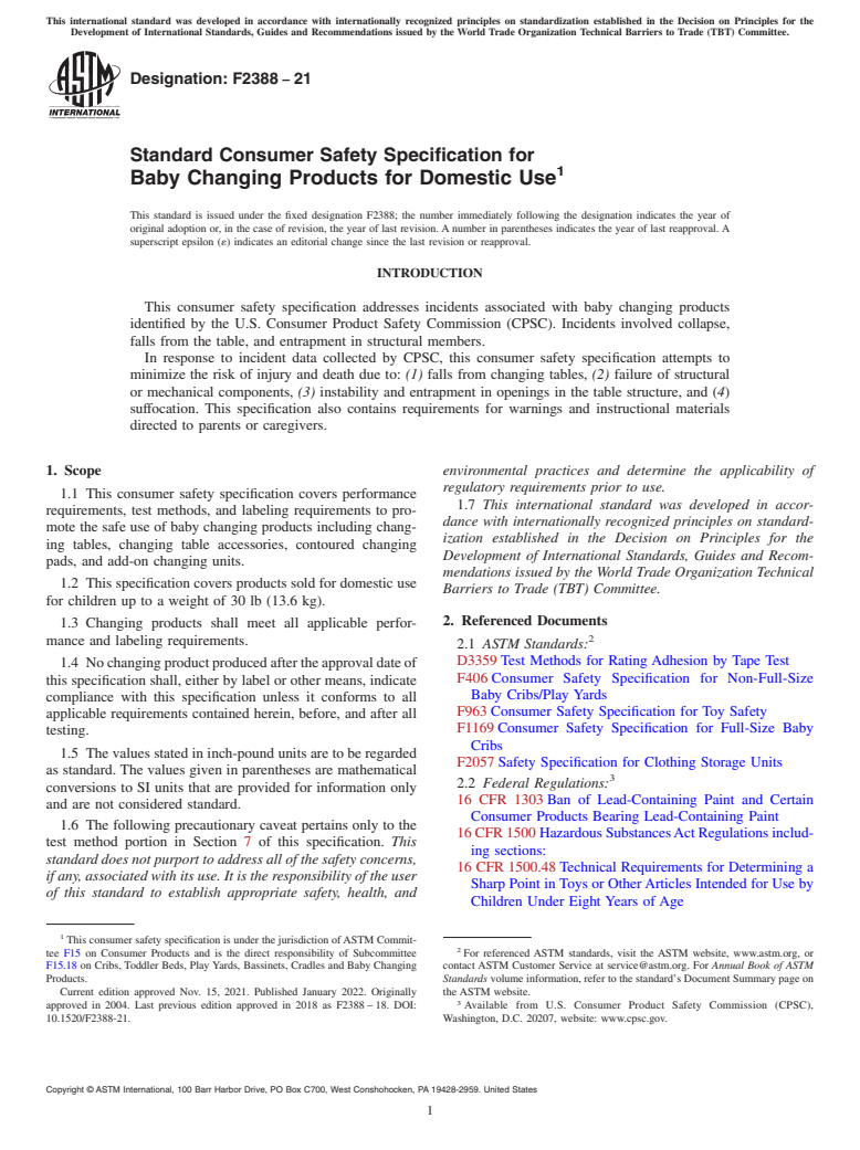 ASTM F2388-21 - Standard Consumer Safety Specification for Baby Changing Products for Domestic Use