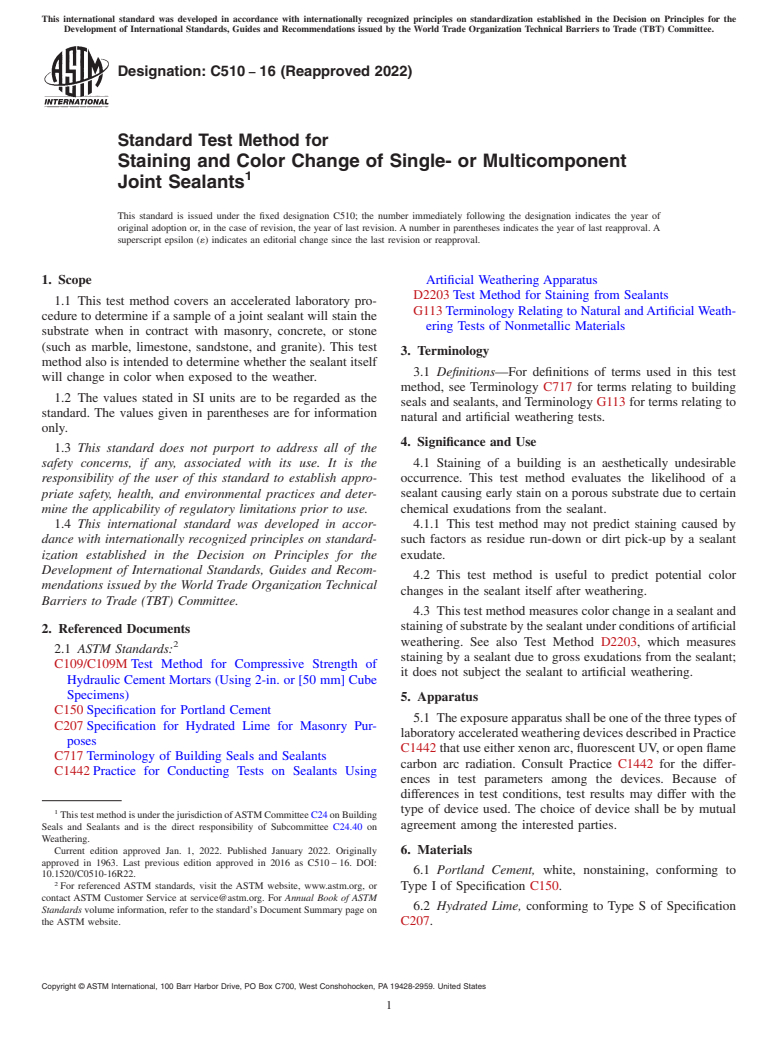 ASTM C510-16(2022) - Standard Test Method for  Staining and Color Change of Single- or Multicomponent Joint  Sealants