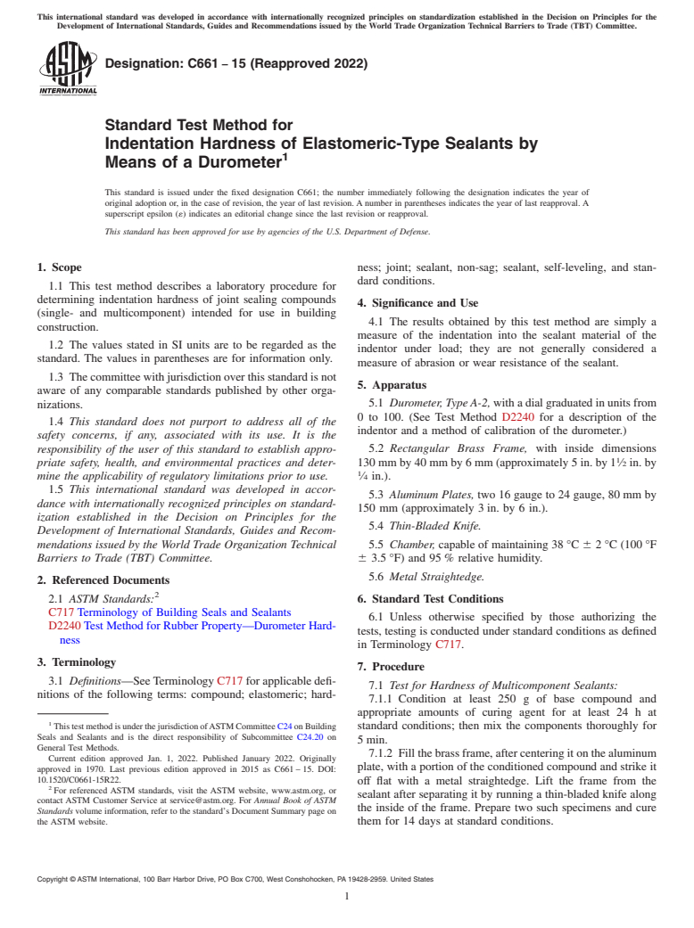 ASTM C661-15(2022) - Standard Test Method for  Indentation Hardness of Elastomeric-Type Sealants by Means  of a Durometer