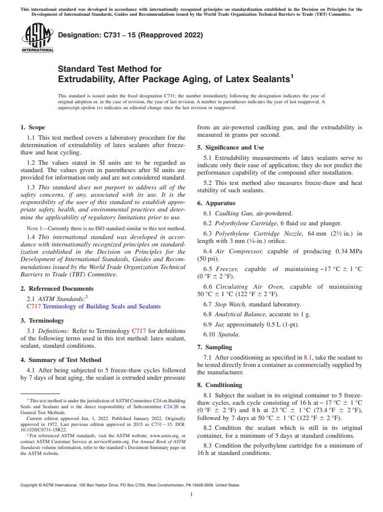 ASTM C731-15(2022) - Standard Test Method for  Extrudability, After Package Aging, of Latex Sealants