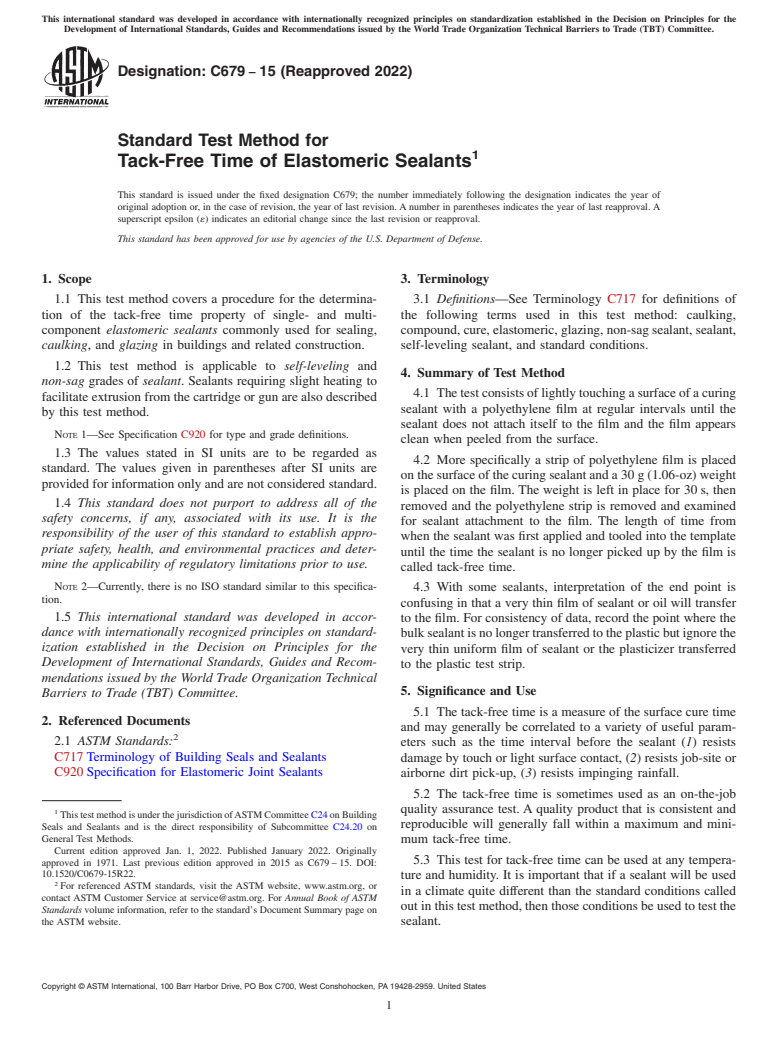 ASTM C679-15(2022) - Standard Test Method for  Tack-Free Time of Elastomeric Sealants