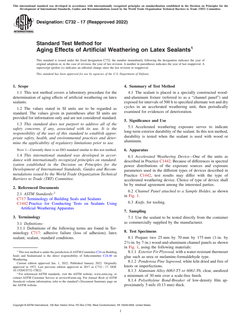 ASTM C732-17(2022) - Standard Test Method for  Aging Effects of Artificial Weathering on Latex Sealants