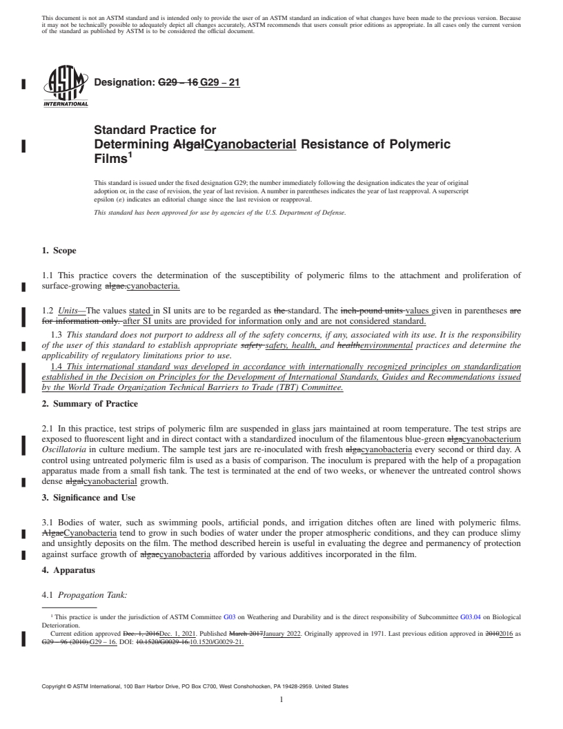 REDLINE ASTM G29-21 - Standard Practice for  Determining Cyanobacterial Resistance of Polymeric Films