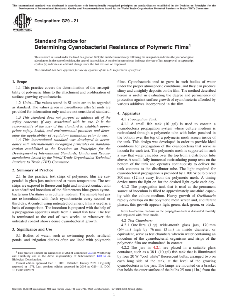 ASTM G29-21 - Standard Practice for  Determining Cyanobacterial Resistance of Polymeric Films