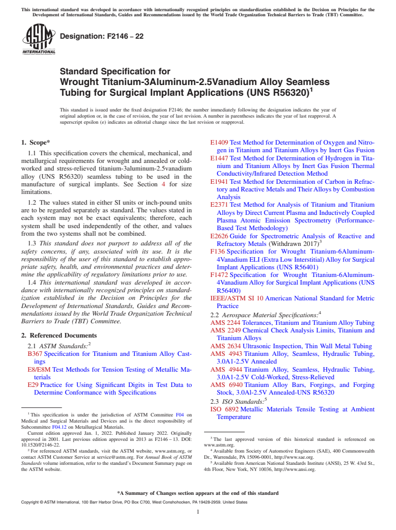 ASTM F2146-22 - Standard Specification for  Wrought Titanium-3Aluminum-2.5Vanadium Alloy Seamless Tubing  for Surgical Implant Applications (UNS R56320)