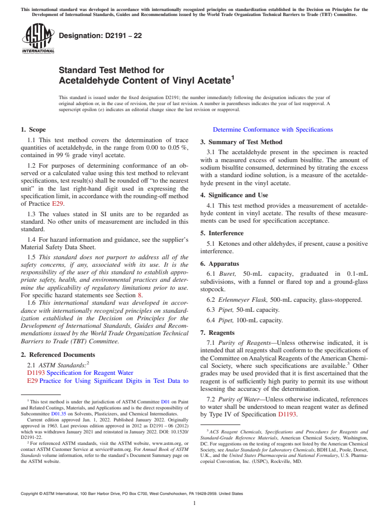 ASTM D2191-22 - Standard Test Method for  Acetaldehyde Content of Vinyl Acetate