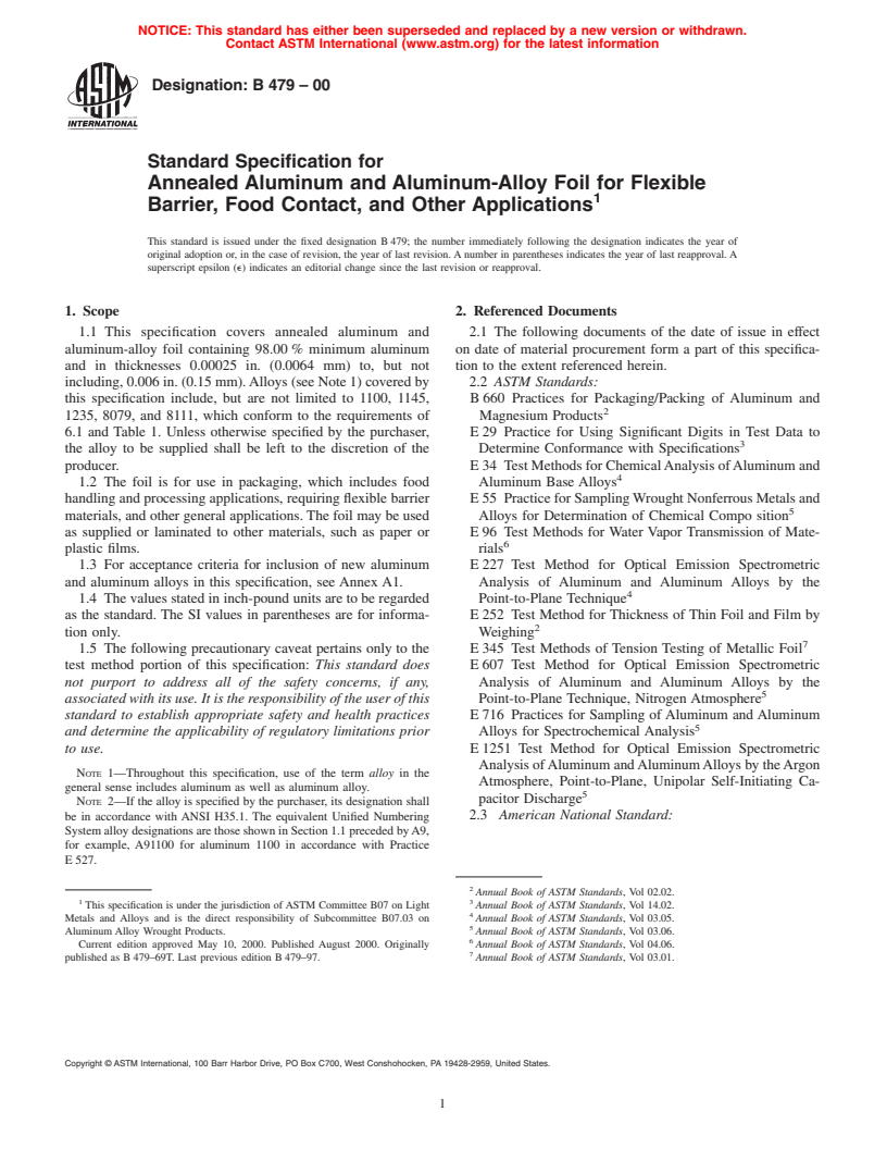 ASTM B479-00 - Standard Specification for Annealed Aluminum and Aluminum-Alloy Foil for Flexible Barrier, Food Contact, and Other Applications