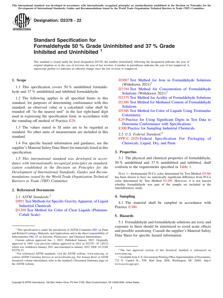 ASTM D2378-22 - Standard Specification for  Formaldehyde 50 % Grade Uninhibited and 37 %  Grade Inhibited      and Uninhibited