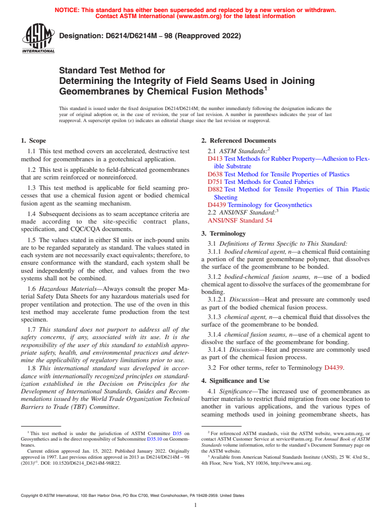 ASTM D6214/D6214M-98(2022) - Standard Test Method for Determining the Integrity of Field Seams Used in Joining Geomembranes  by Chemical Fusion Methods