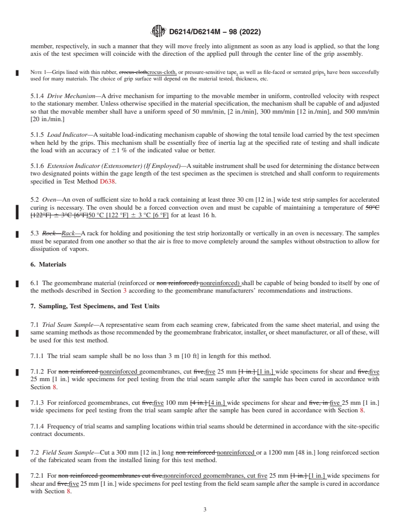 REDLINE ASTM D6214/D6214M-98(2022) - Standard Test Method for Determining the Integrity of Field Seams Used in Joining Geomembranes  by Chemical Fusion Methods