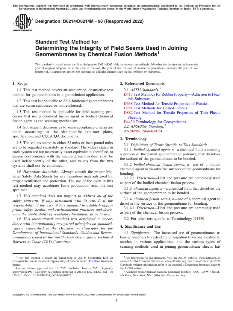 ASTM D6214/D6214M-98(2022) - Standard Test Method for Determining the Integrity of Field Seams Used in Joining Geomembranes  by Chemical Fusion Methods