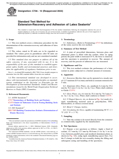 ASTM C736-12(2022) ASTM C736-12(2022) - Standard Test Method for Extension-Recovery and Adhesion of Latex Sealants - Page 1 preview