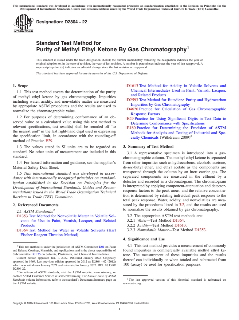 ASTM D2804-22 - Standard Test Method for  Purity of Methyl Ethyl Ketone By Gas Chromatography