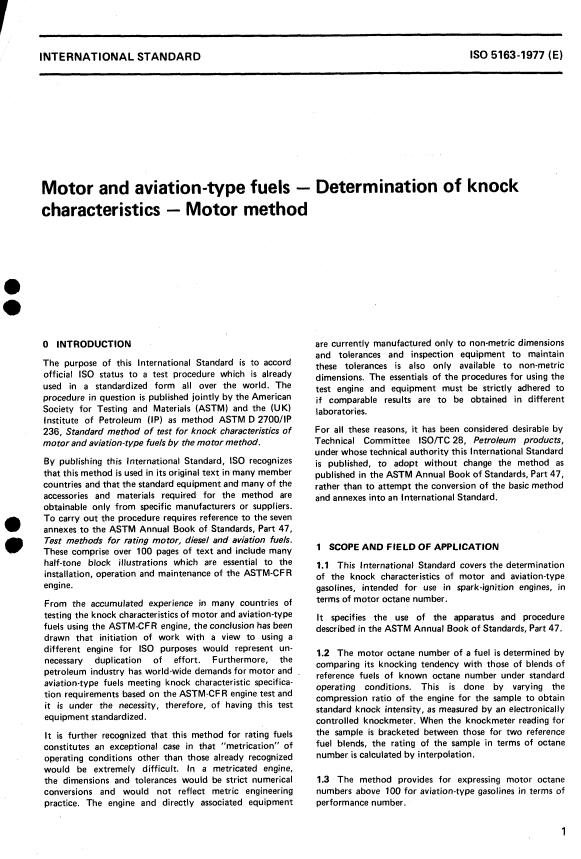 ISO 5163:1977 - Motor and aviation-type fuels -- Determination of knock characteristics -- Motor method