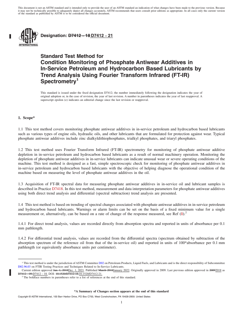 REDLINE ASTM D7412-21 - Standard Test Method for Condition Monitoring of Phosphate Antiwear Additives in In-Service  Petroleum and Hydrocarbon Based Lubricants by Trend Analysis Using  Fourier Transform Infrared (FT-IR) Spectrometry