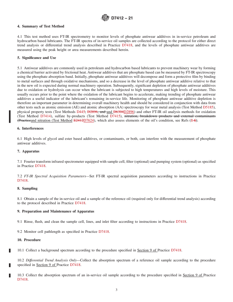 REDLINE ASTM D7412-21 - Standard Test Method for Condition Monitoring of Phosphate Antiwear Additives in In-Service  Petroleum and Hydrocarbon Based Lubricants by Trend Analysis Using  Fourier Transform Infrared (FT-IR) Spectrometry