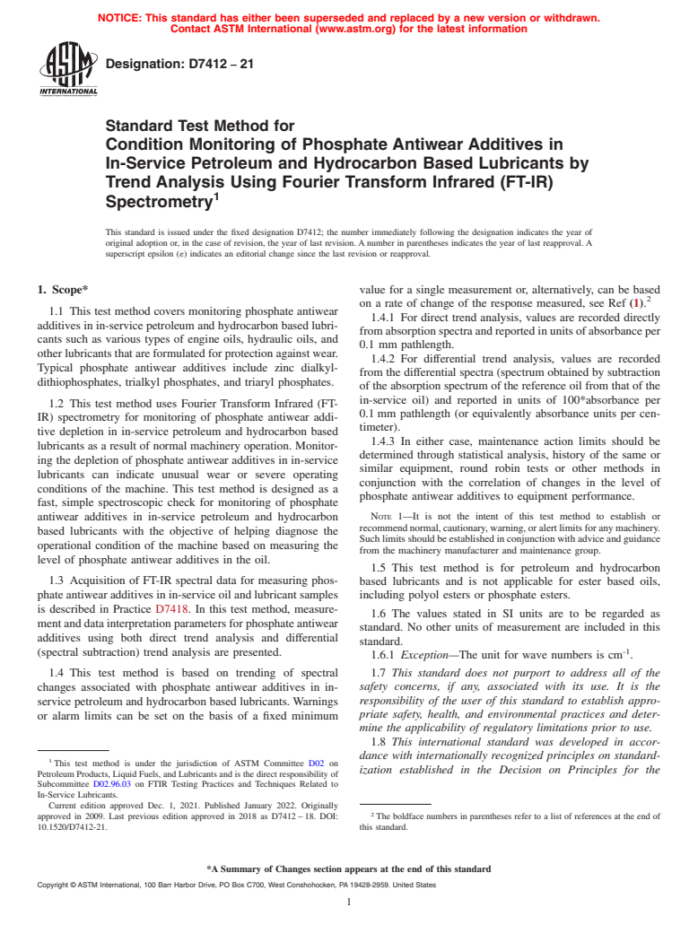 ASTM D7412-21 - Standard Test Method for Condition Monitoring of Phosphate Antiwear Additives in In-Service  Petroleum and Hydrocarbon Based Lubricants by Trend Analysis Using  Fourier Transform Infrared (FT-IR) Spectrometry