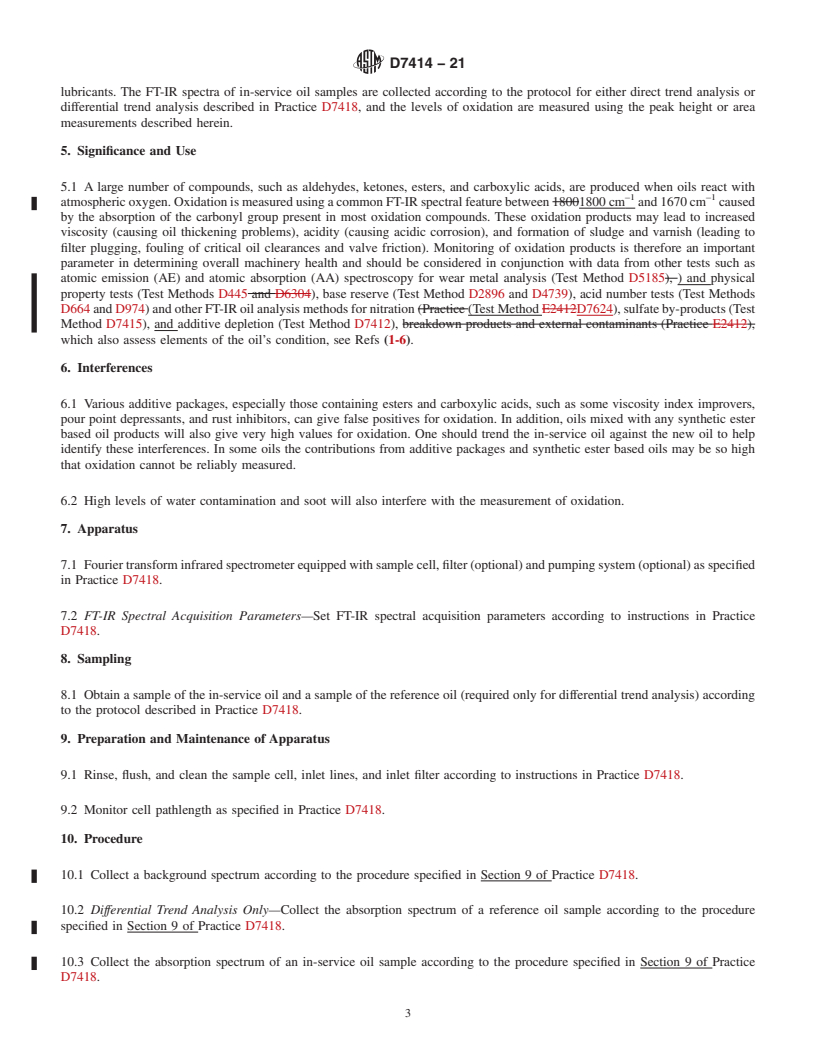 REDLINE ASTM D7414-21 - Standard Test Method for  Condition Monitoring of Oxidation in In-Service Petroleum and  Hydrocarbon Based Lubricants by Trend Analysis Using Fourier Transform  Infrared (FT-IR) Spectrometry