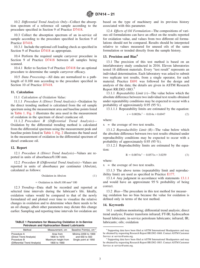 ASTM D7414-21 - Standard Test Method for  Condition Monitoring of Oxidation in In-Service Petroleum and  Hydrocarbon Based Lubricants by Trend Analysis Using Fourier Transform  Infrared (FT-IR) Spectrometry