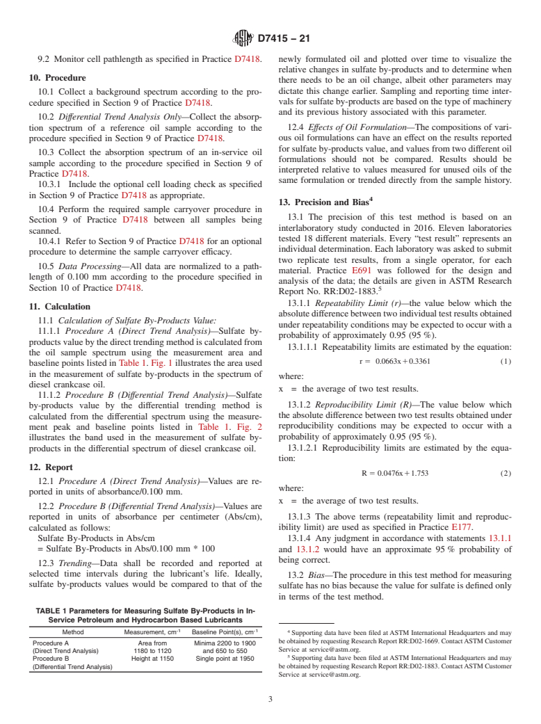 ASTM D7415-21 - Standard Test Method for  Condition Monitoring of Sulfate By-Products in In-Service Petroleum  and Hydrocarbon Based Lubricants by Trend Analysis Using Fourier Transform  Infrared (FT-IR) Spectrometry