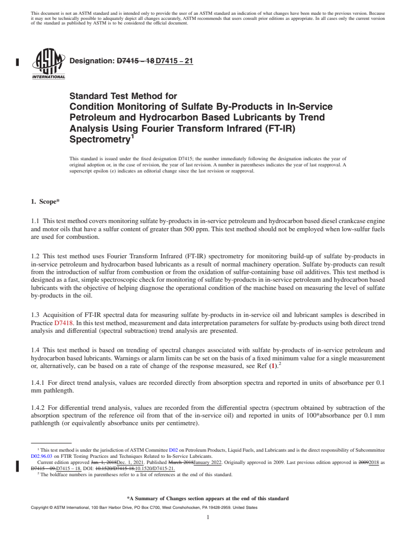 REDLINE ASTM D7415-21 - Standard Test Method for  Condition Monitoring of Sulfate By-Products in In-Service Petroleum  and Hydrocarbon Based Lubricants by Trend Analysis Using Fourier Transform  Infrared (FT-IR) Spectrometry