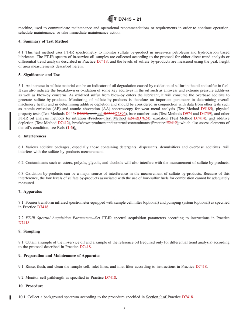 REDLINE ASTM D7415-21 - Standard Test Method for  Condition Monitoring of Sulfate By-Products in In-Service Petroleum  and Hydrocarbon Based Lubricants by Trend Analysis Using Fourier Transform  Infrared (FT-IR) Spectrometry