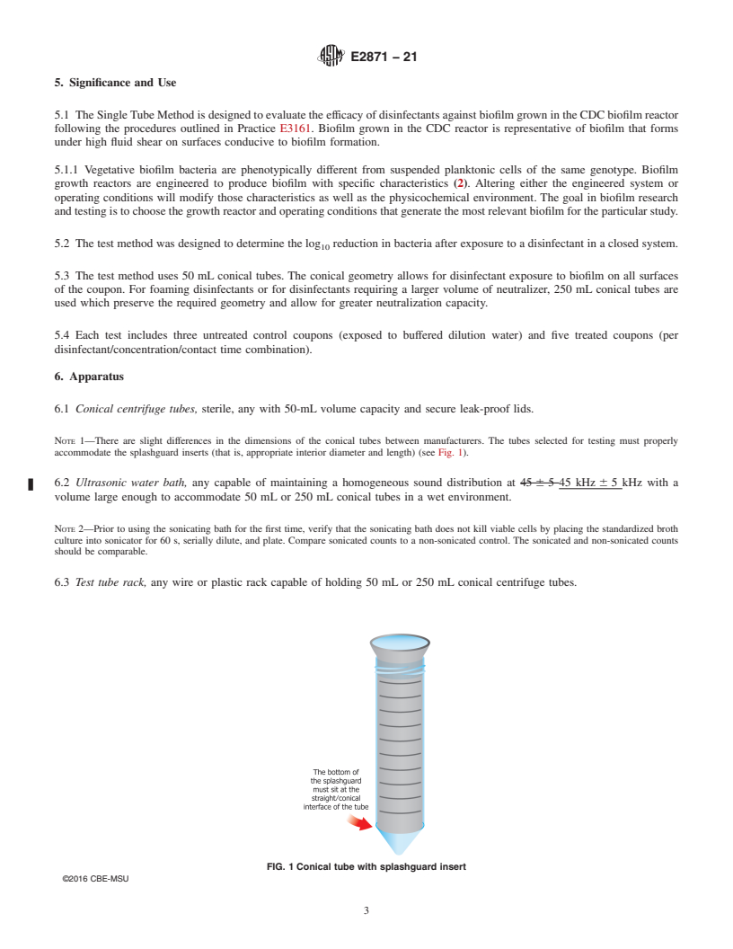 REDLINE ASTM E2871-21 - Standard Test Method for  Determining Disinfectant Efficacy Against Biofilm Grown in  the CDC Biofilm Reactor Using the Single Tube Method