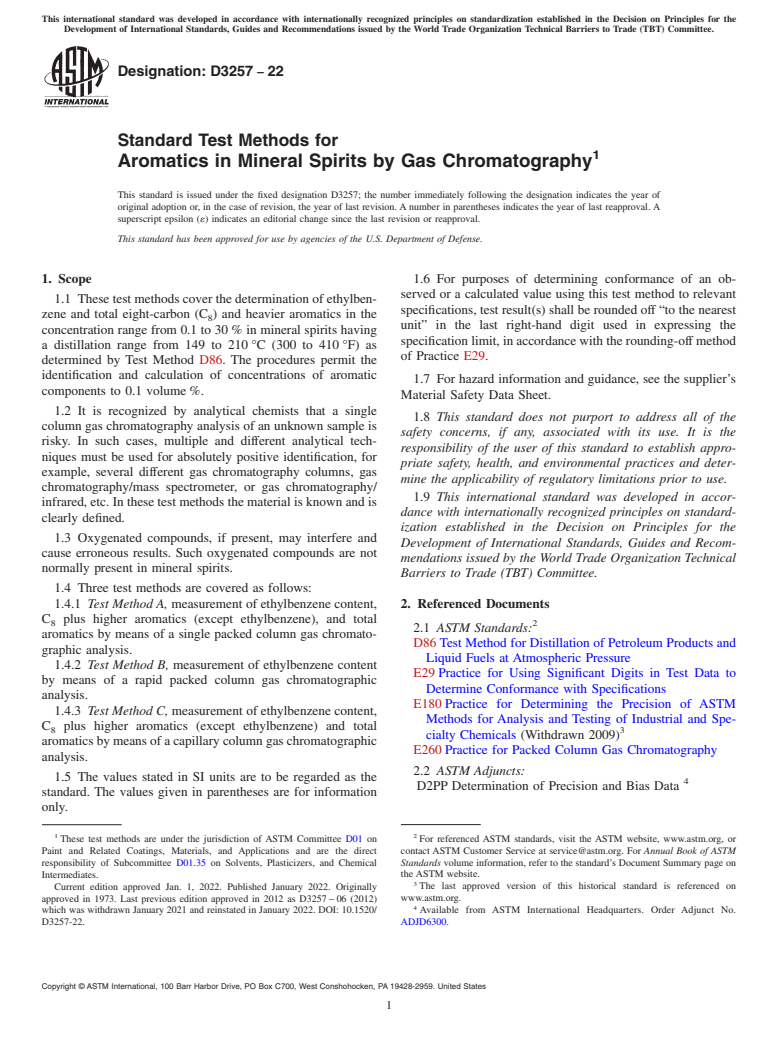 ASTM D3257-22 - Standard Test Methods for Aromatics in Mineral Spirits by Gas Chromatography