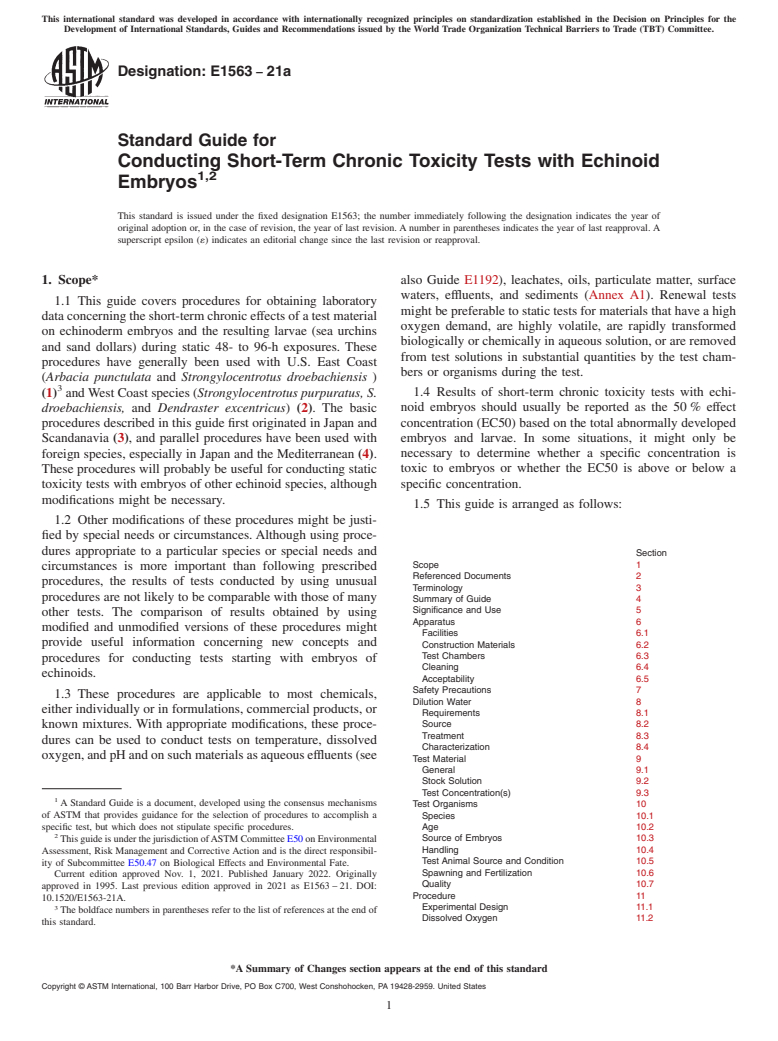 ASTM E1563-21a - Standard Guide for  Conducting Short-Term Chronic Toxicity Tests with Echinoid  Embryos