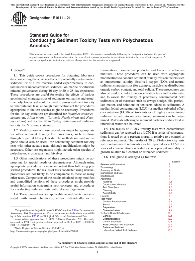 ASTM E1611-21 - Standard Guide for  Conducting Sediment Toxicity Tests with Polychaetous Annelids