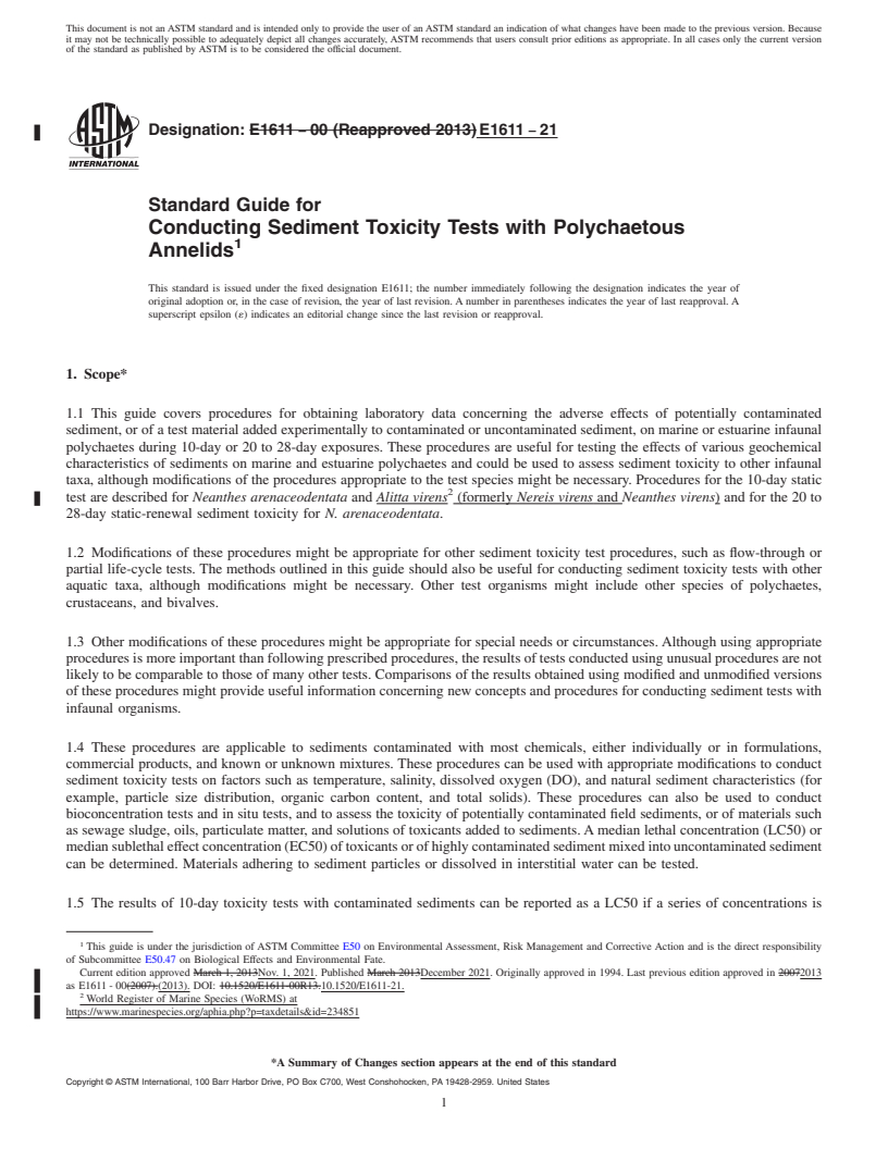 REDLINE ASTM E1611-21 - Standard Guide for  Conducting Sediment Toxicity Tests with Polychaetous Annelids