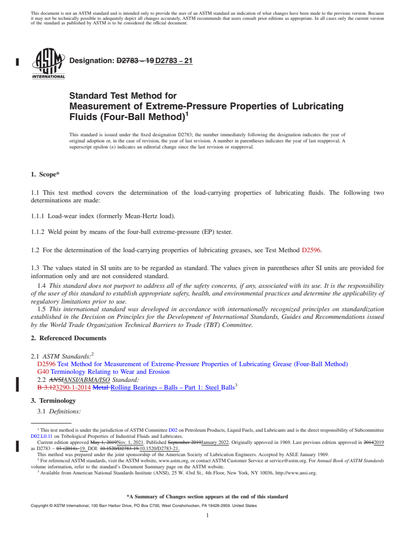 REDLINE ASTM D2783-21 - Standard Test Method for  Measurement of Extreme-Pressure Properties of Lubricating Fluids   (Four-Ball Method)