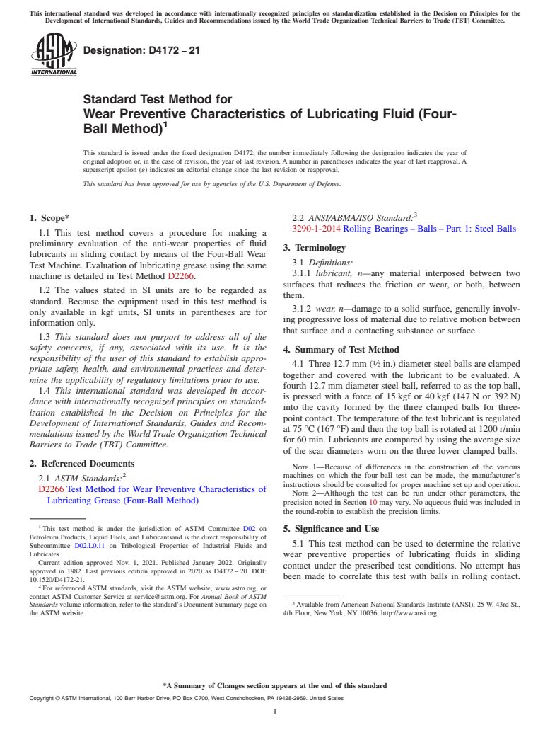 ASTM D4172-21 - Standard Test Method for  Wear Preventive Characteristics of Lubricating Fluid (Four-Ball   Method)