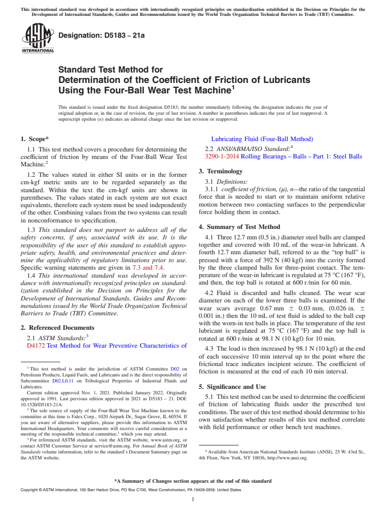 ASTM D5183-21a - Standard Test Method for  Determination of the Coefficient of Friction of Lubricants  Using the Four-Ball Wear Test Machine