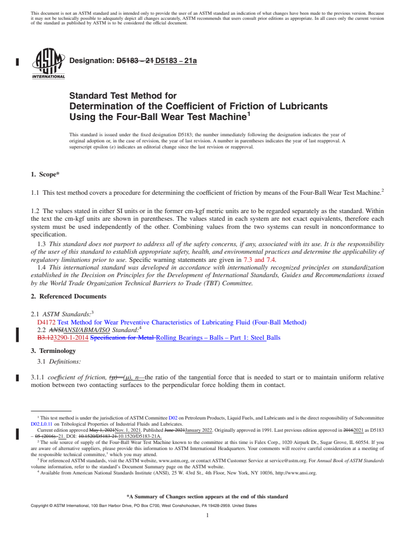 REDLINE ASTM D5183-21a - Standard Test Method for  Determination of the Coefficient of Friction of Lubricants  Using the Four-Ball Wear Test Machine