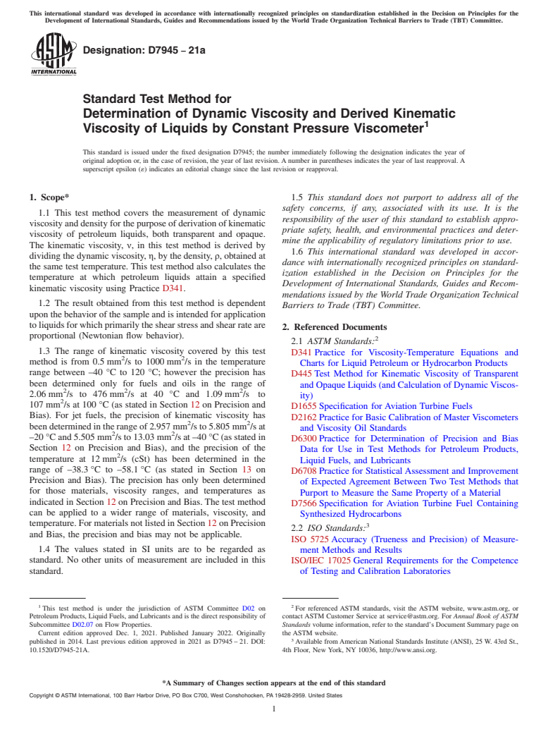 ASTM D7945-21a - Standard Test Method for Determination of Dynamic Viscosity and Derived Kinematic Viscosity  of Liquids by Constant Pressure Viscometer