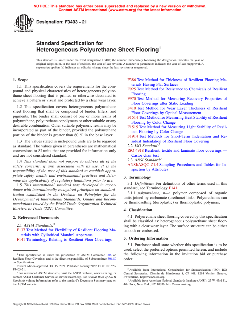 ASTM F3403-21 - Standard Specification for Heterogeneous Polyurethane Sheet Flooring