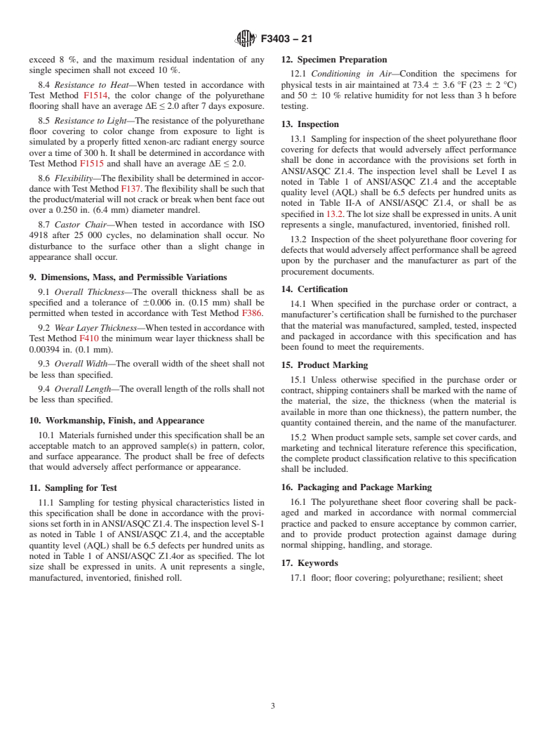 ASTM F3403-21 - Standard Specification for Heterogeneous Polyurethane Sheet Flooring