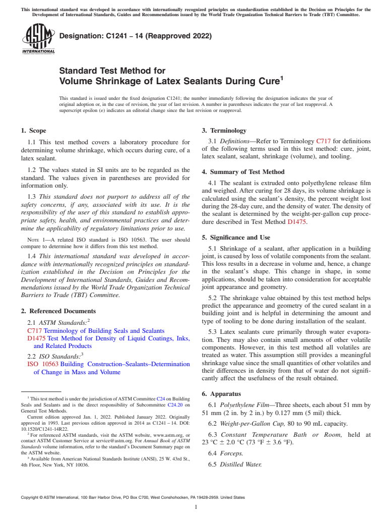 ASTM C1241-14(2022) - Standard Test Method for  Volume Shrinkage of Latex Sealants During Cure