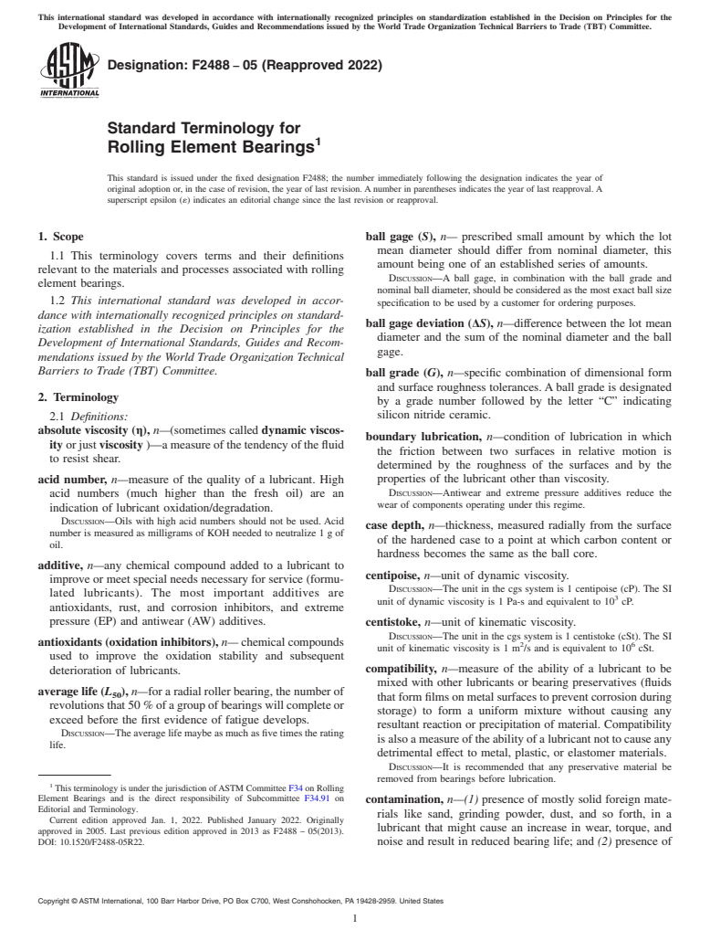 ASTM F2488-05(2022) - Standard Terminology for  Rolling Element Bearings