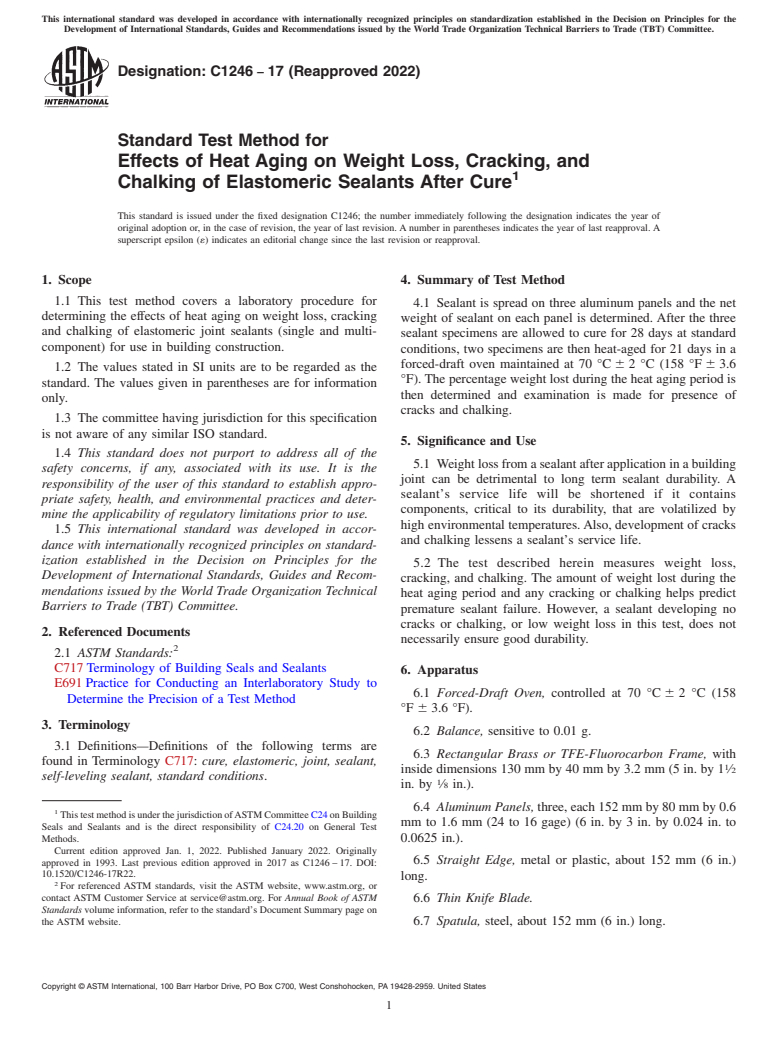 ASTM C1246-17(2022) - Standard Test Method for  Effects of Heat Aging on Weight Loss, Cracking, and Chalking  of Elastomeric Sealants After Cure