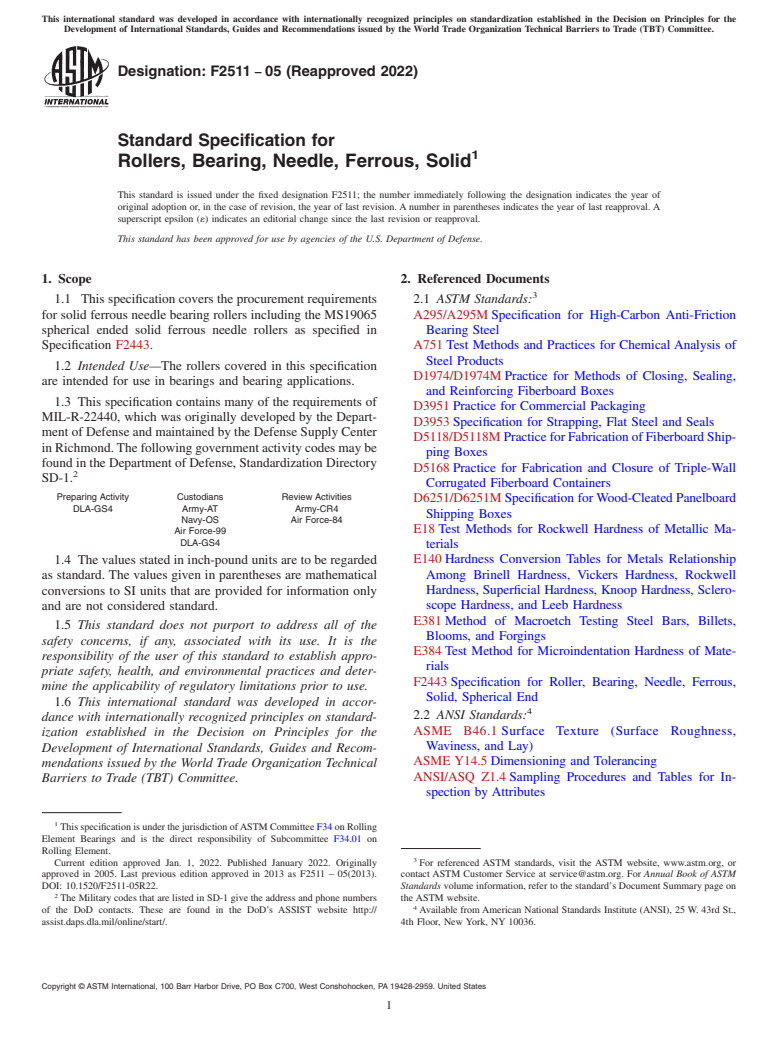 ASTM F2511-05(2022) - Standard Specification for  Rollers, Bearing, Needle, Ferrous, Solid