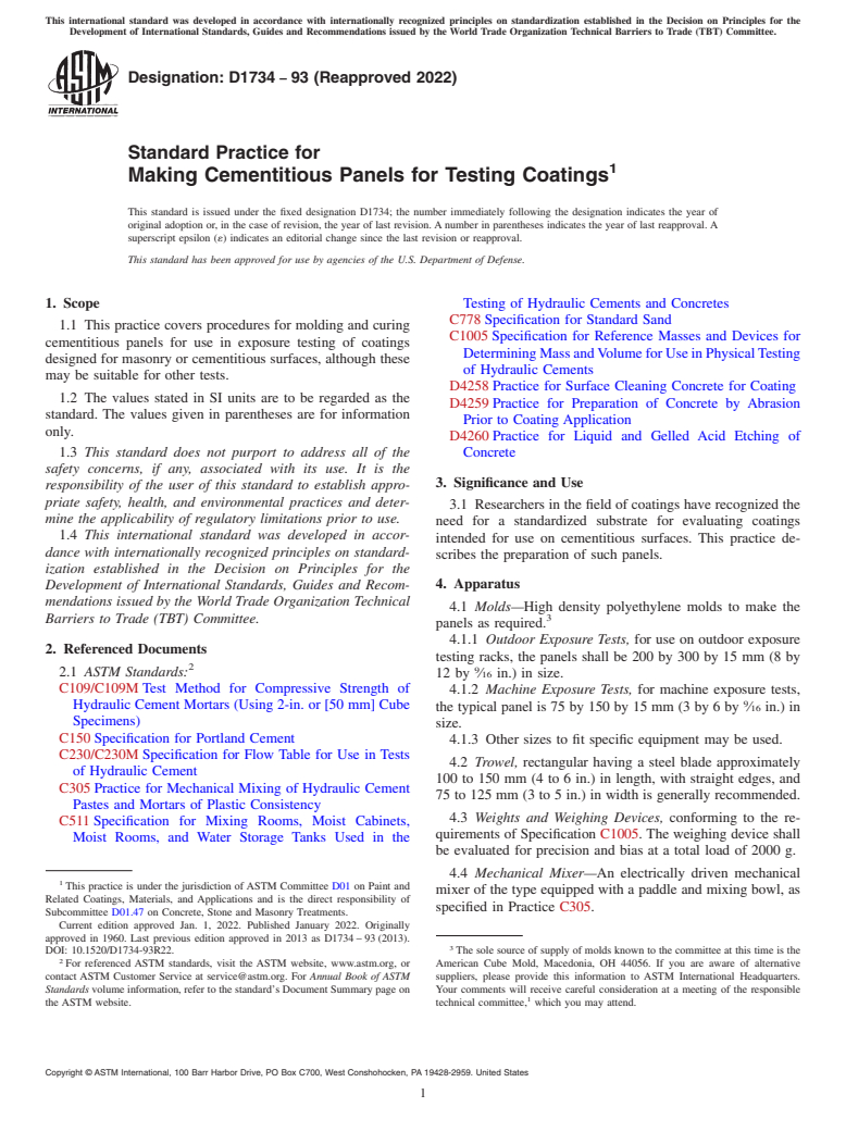 ASTM D1734-93(2022) - Standard Practice for Making Cementitious Panels for Testing Coatings